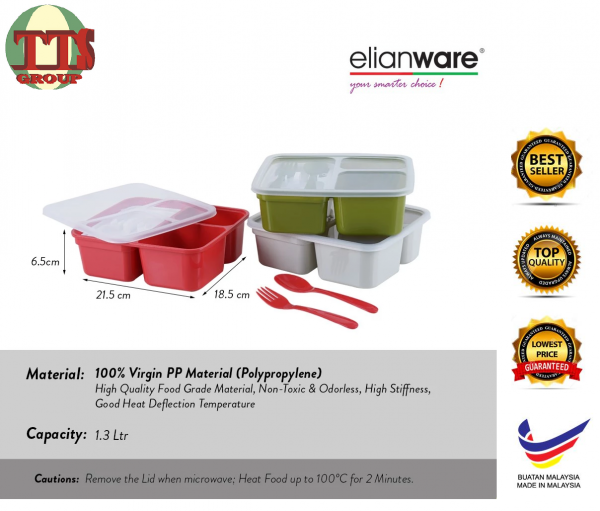 ELIANWARE 3/4 COMPARTMENT LUNCH BOX WITH FORK & SPOON TTS DISTRIBUTION SDN BHD - 图片 4