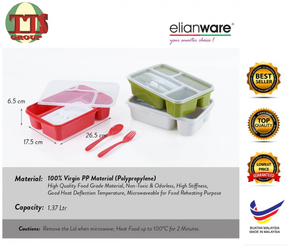 ELIANWARE 3/4 COMPARTMENT LUNCH BOX WITH FORK & SPOON TTS DISTRIBUTION SDN BHD - 图片 9